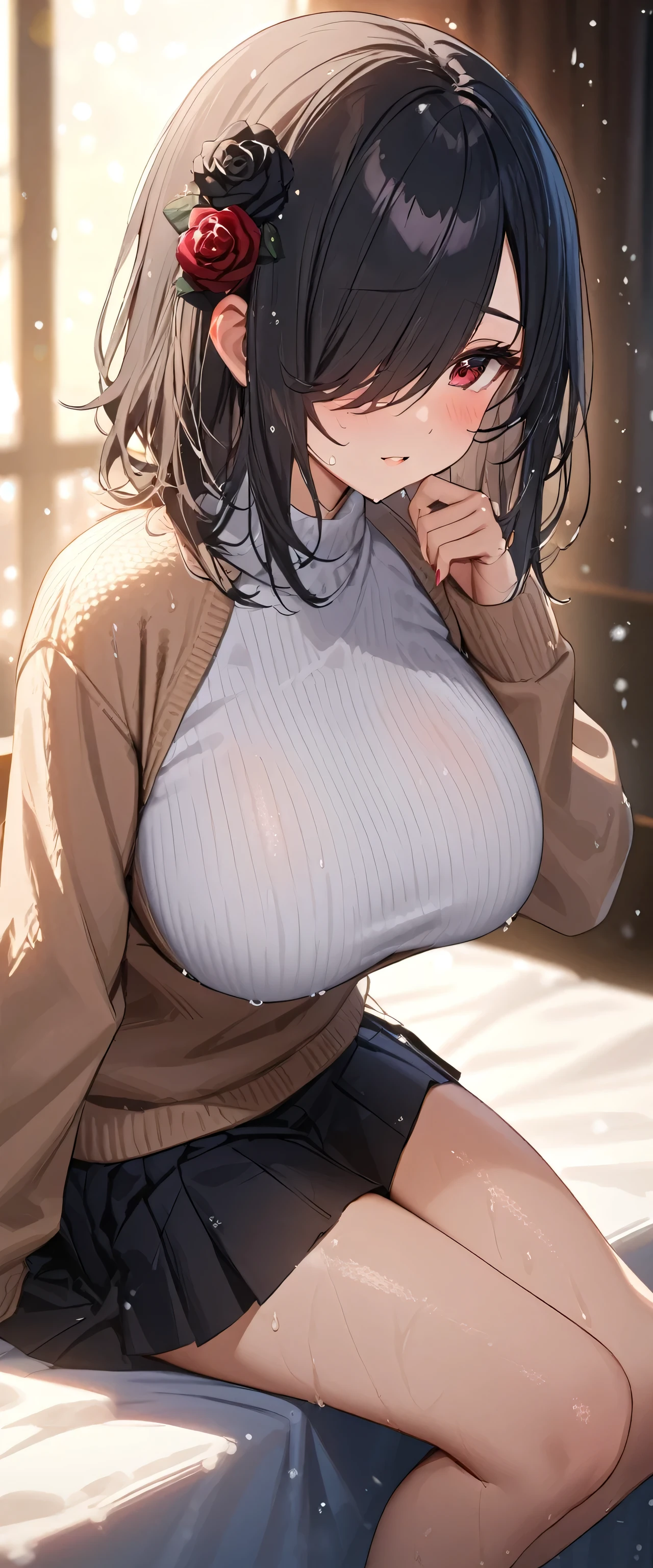 (Modern house interior/), Only one woman, Mature Woman, /(blue ribbed Sweater/), bangs, Black Hair、Bobcut、A gentle, blushing smile, (Masterpiece Top quality:1.2) Delicate illustrations, Very detailed, Large Breasts、No bra、、((Sweat,vapor,Vulgarity))、Tight sweater、The woman is sitting on the sofa、Secretly showing panties、NTR.A man sits on the other side、Looking at a woman&#39;s panties、Purple panties