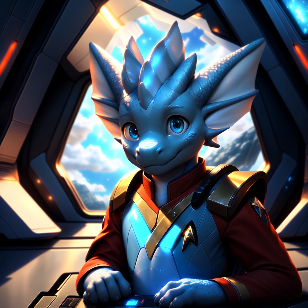 ( detailed face,  detailed background ,  detailed body ), (realistic,photorealistic,photo-realistic:1.37) Ein cuteer kleiner Drache Junge mit leuchtenden Flügel, very young, cute, Light blue scales ,  white hair, in a Star Trek spaceship, he is wearing a red uniform,