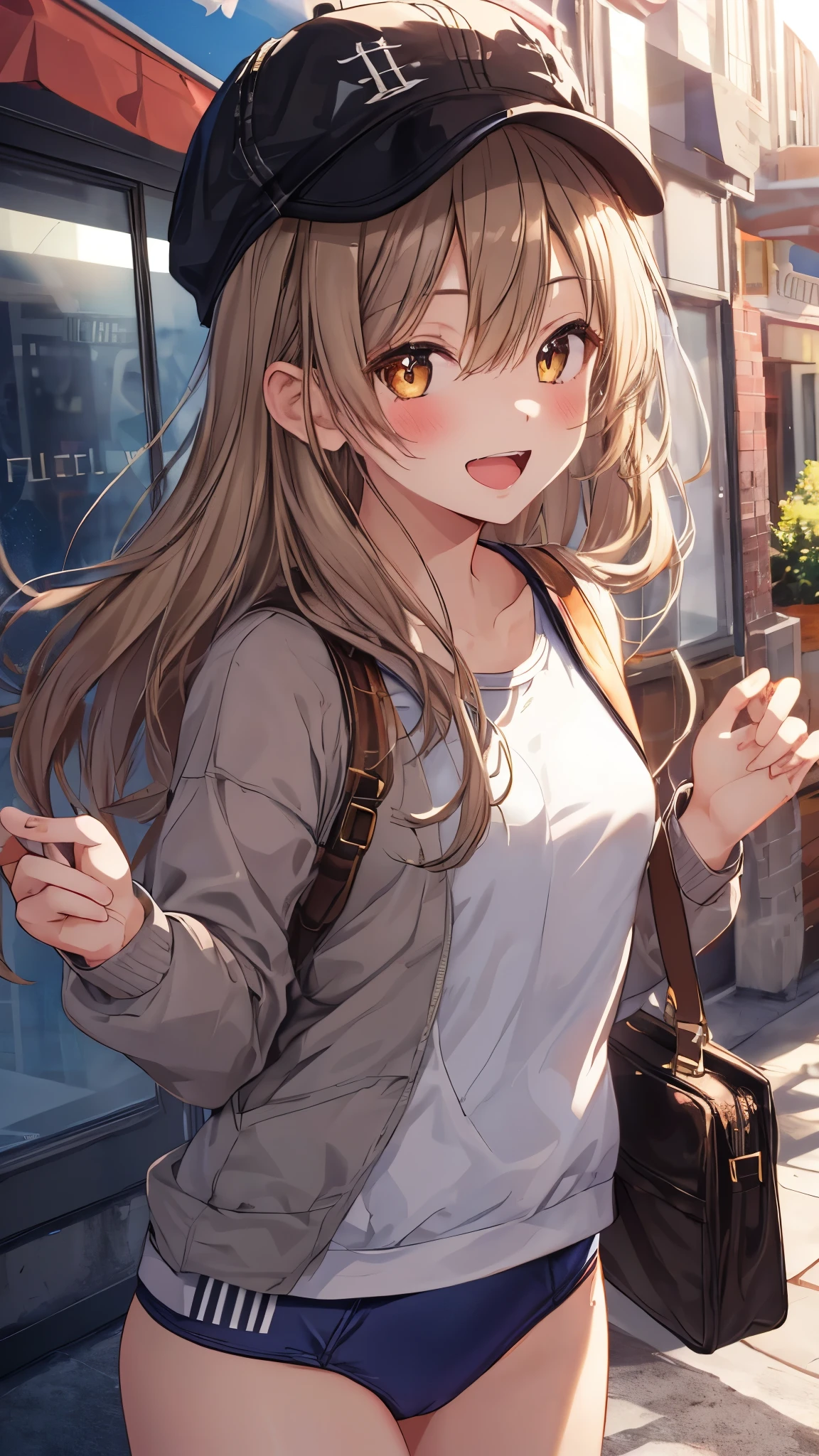 1girl,solo,brown eyes,,flat cap,grey headwear,hat,light brown hair,hair between eyes,shoulder bag,very long hair,small breasts,open mouth,(loli, little, ultra cute kawaii:1.3), smile, standing, looking at viewer, upper body, (nup, school swimsuit:1.2),masterpiece,Noise Reduction,perfect anatomy,high resolution, ultra-detailed, ultra-detailed face,game cg,dutch angle ,beautiful detailed eyes,visualart,five fingers, perfect hands, perfect lighting, sparkling pupils