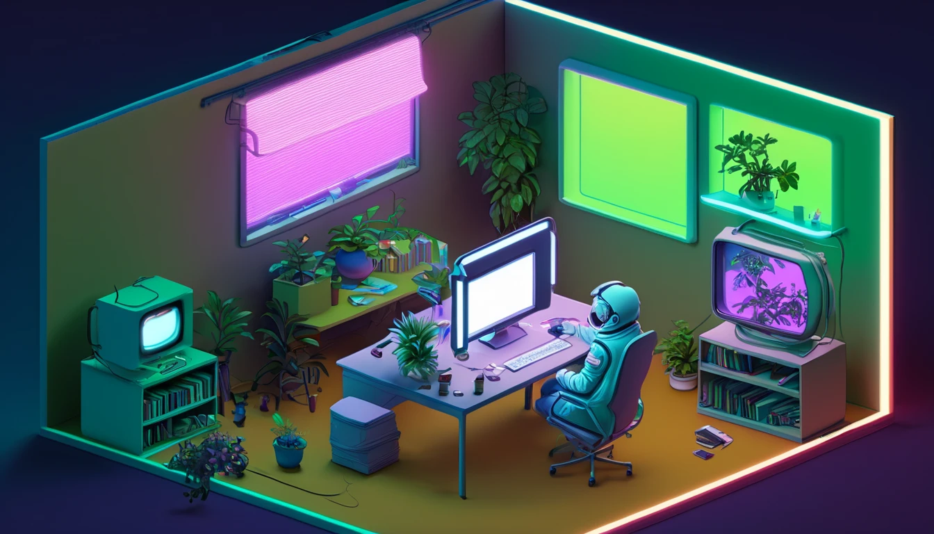 ((masterpiece,  best quality)), ((from above)),  high definition ,  very detailed,  Realistic, break, isometric neon, indoor,  gradation, Books,  gradation background, An astronaut is sitting on a chair with his hands crossed over his head , chair, plant, box, scenery, machine, lamp,  controller, cable,  computer , tv set, Monitor,  keyboard ( computer ), flower pot, mouse ( computer ), screen,  platform ,  