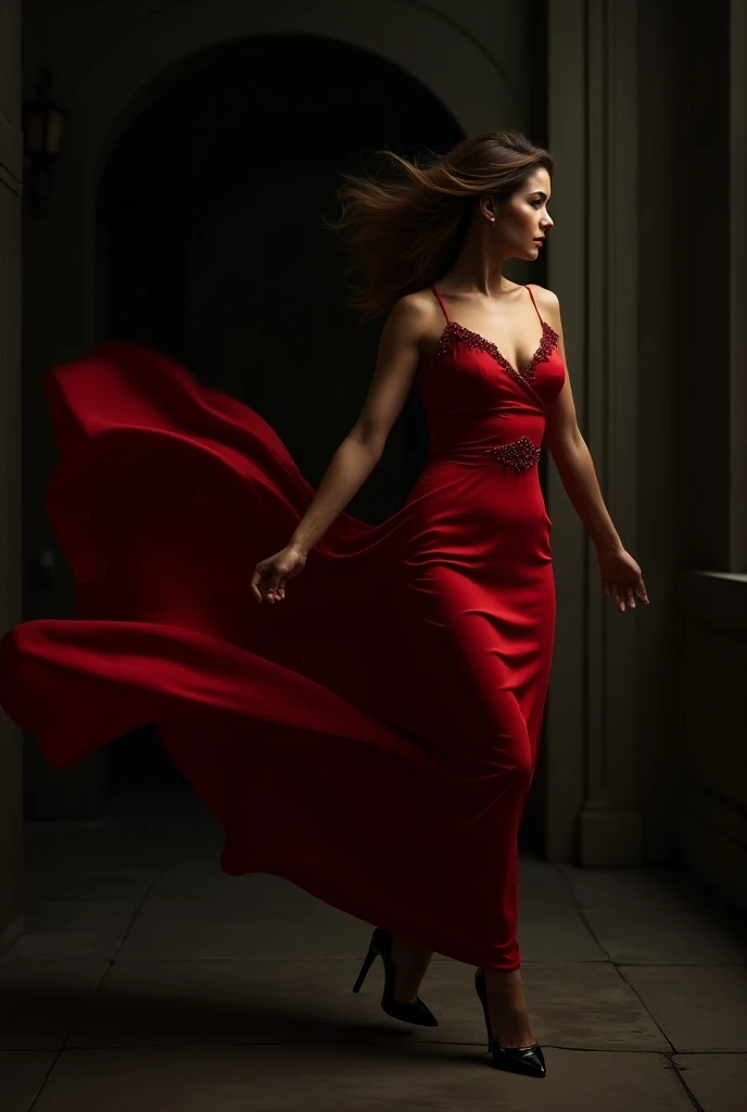 Brunette Instaghram influencer, standing at the main gate of Edinburgh Castle, red flowing dress, legs spread a part, sunlight coming through the dress. hair blowing in the wind, dynamic lighting, wet reflection on the ground