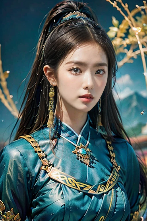 Photorealism, Face and boddy facing front,Game art，The best picture quality，Highest resolution，8k，(A bust photograph)，(Portrait)，(Head close-up)，(Rule of thirds)，Unreal Engine 5 rendering works， (The Girl of the great Future)，(beauty holy Female Warrior)， 1 girl，(The generals of ancient China)，An eye rich in detail，(slim figure)，Elegant and noble，indifferent，Brave，(Wearing high detail ancient Chinese cloth， Chinese Hanfu ，Costumes of the royalty Tang Dynasty，Costumes are rich in detail，Simple shades)，Chinese Characters，Fantasy style，side light, cinenatic,Photo poses，full tiger engraving sky castle as background，Movie lights，Ray tracing，Game CG，((3D Unreal Engine))，oc rendering reflection texture,8k