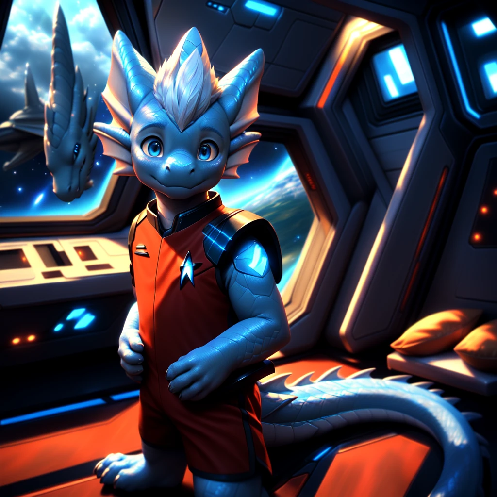 ( detailed face,  detailed background ,  detailed body ), (realistic,photorealistic,photo-realistic:1.37) Ein cuteer kleiner Drache Junge mit leuchtenden Flügel, very young, cute, Light blue scales ,  white hair, in a Star Trek spaceship, he is wearing a red uniform,