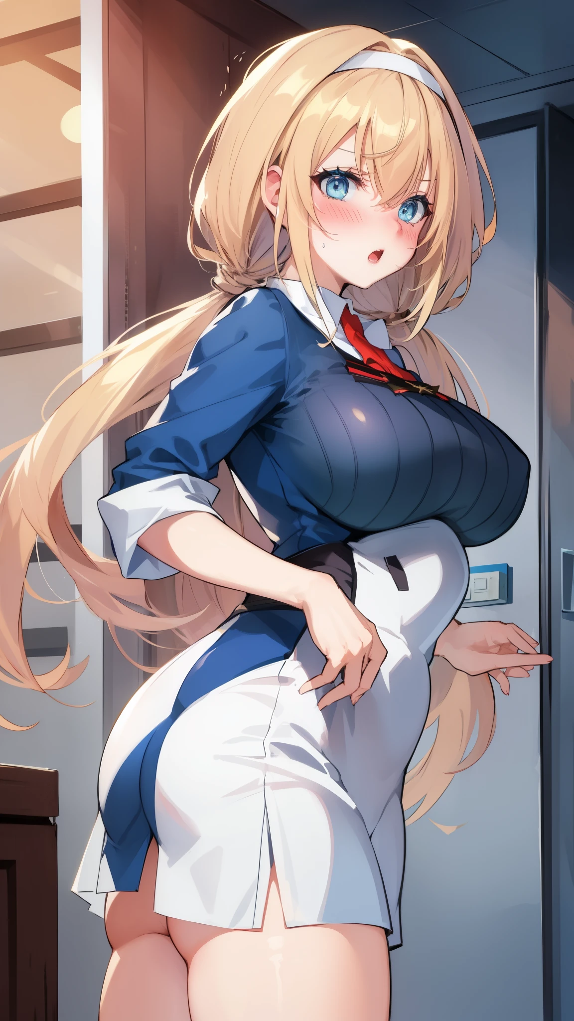  blond hair, blue eyes, open your mouth ,Big Breasts,,,low twintail,hair band,cowboy shot,blush