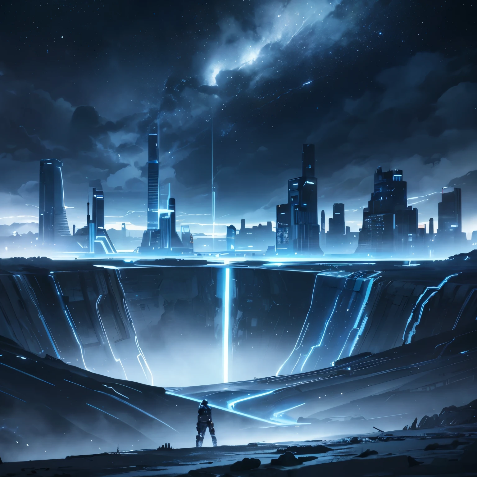 There is a big sci-fi city beten two mountains, "TRON: Legacy" landscape vibe, dark blue storm clouds, light blue lightning from the clouds, blue river, river to the horizon, electrified river, light blue lightning from the river, space sky, stars in the sky, composition on the metal planet, big metalic planet, dark-blue metal, shiny metal, cybertron, mechanical planet, empty wasteland, dark blue storm clouds, light blue lightning from clouds, blue river, river to horizon, electrized river, light blue lightning from river, space sky, stars on the sky, realistic, watercolor, 4k, high quality, hight attention to details, concept art, concept art by Chris Mowry.