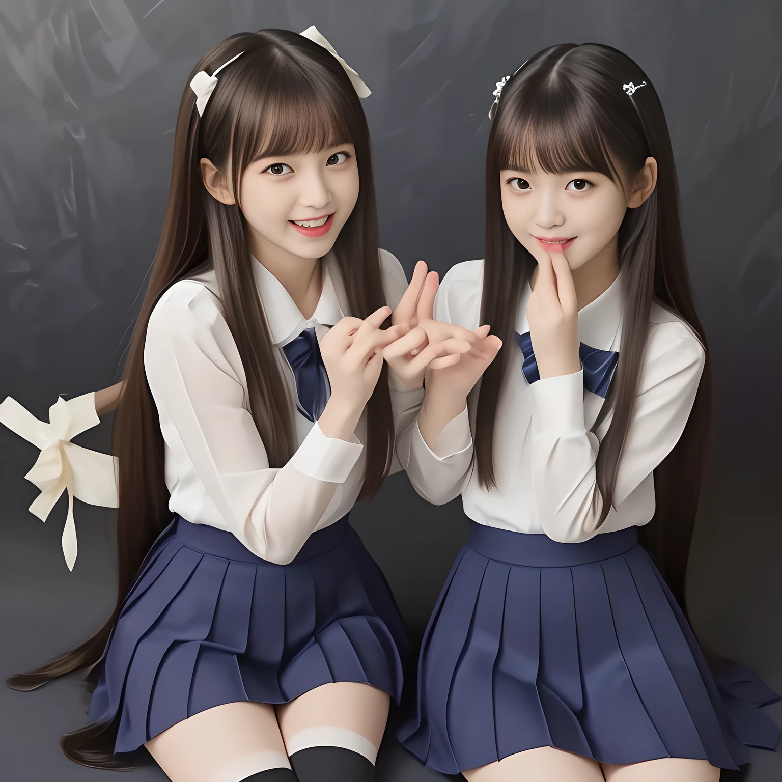 (Highest quality, masterpiece:1.2), Highest quality, High resolution, 1080P, 8k, (Two 14yo Japanese beautiful girl idols are seated and giving strong subliminal sexual invitation and temptation, undressing, cute skirt with beautiful knees, looking at the viewer, can't stop showing cute smile open mouth because of feeling too funny about the viewer, very white-white face, very proud of her long straight black hair, using face-whitening cosmetics, 14yo girl's eyes, opened laughing giggling most open mouth, too expensive luxurious glossy frilled ivory silk blouse, polyester dark-navy school-skirt and bewitching ribbon on the breast, well-straitened super-long well-trimmed long hair, evenly neatly trimmed girly cute bangs: 1.5), (white thighs and knees: 1.7), (Laughing blushed cheeks with dimples), (Well-balanced, impressive, very intelligent, double-eyelids, black shining large eyes of 14yo intelligent young idol with detailed: 1.5), ((Beautiful well-figured glossy opened laughing lips: 1.2)), (mature breast), (The viewer can't stop madly kissing them because of her beauty and subliminal strong invitation), (Very beautiful, super-glossy, cute neat black amazingly long hair, straight well-done long hair-style: 1.3), (plain blue background: 1.6), (((Completely balanced beautiful big cool eyes, looking coldly at me!: 1.3))), (eyes, face and hair are especially beautifully detailed and beautifully drawn: 1.5),  (The soft white light clearly shows her face extremely white: 1.2), (Too luxurious and expensive), (School uniform, too-cute slender 14yo super-long-hair Japanese beautiful-young-girl idol twins are laughing and licking the other's hand each other with super-wide open open laughing mouth like eating the viewer, everything is girly, neat and too beautiful: 1.6), (Super long hair 14yo super-cute-face school-uniform pretty young idol of school idol photo magazine, is undressing, height: 145cm: 2.1), (Inevitable invitation and temptation to the succubus world: 2.0)