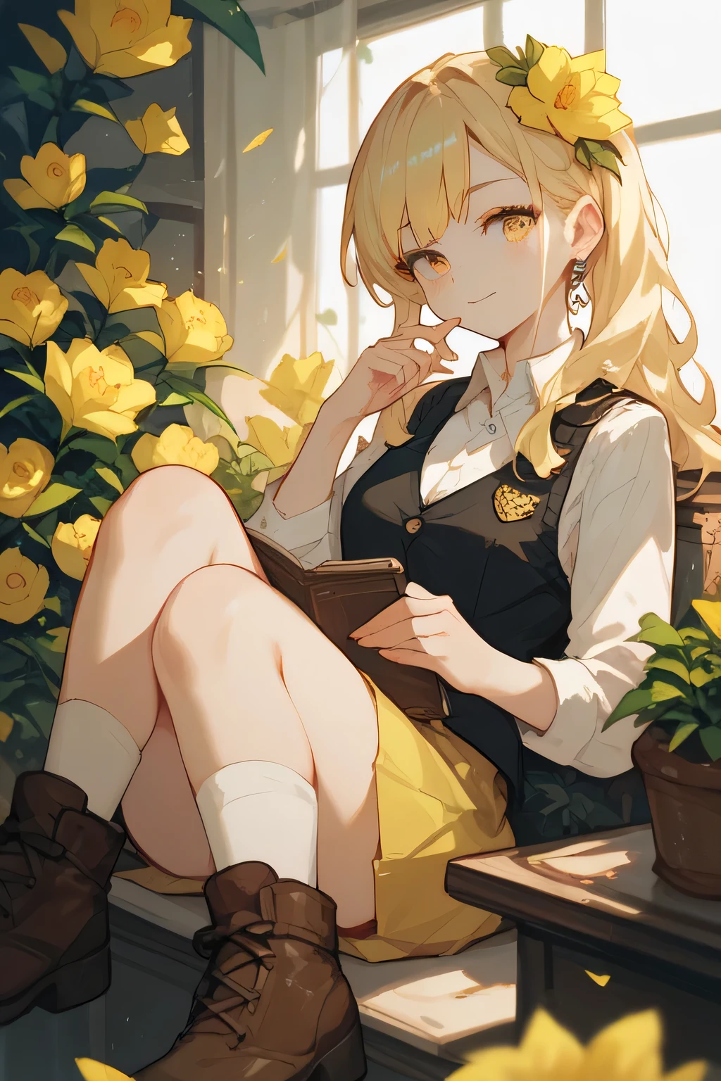 Blonde,  yellow lily flowers, Black vest,  white shirt,  yellow skirt , Eyes that observe people 、