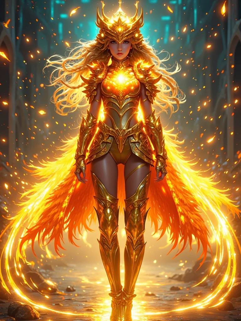 (((Vision))), (((Extra LongShot))), (((Full Body))), Masterpiece, Top-notch Quality, Cool Tones, Glowing, Flames Glowing, Metals Glowing, Best Quality, Official Art, 1girl, Full Body, From Head to Toe, (The character is centered in the frame: 1.9). The girl is wearing a phoenix breastplate, phoenix boots, wind-colored stockings, and a golden helmet. She is colorful, with the most detailed and shiny skin, stars, (light patterns), eye-catching visual effects, dynamic stripes, glowing tracks, bright colors, extremely detailed and complex, elegant, magnificent, surreal, ultra-detailed, Rococo Style, with a game scene background, retro-dark, cyberpunk, and a glowing complexion