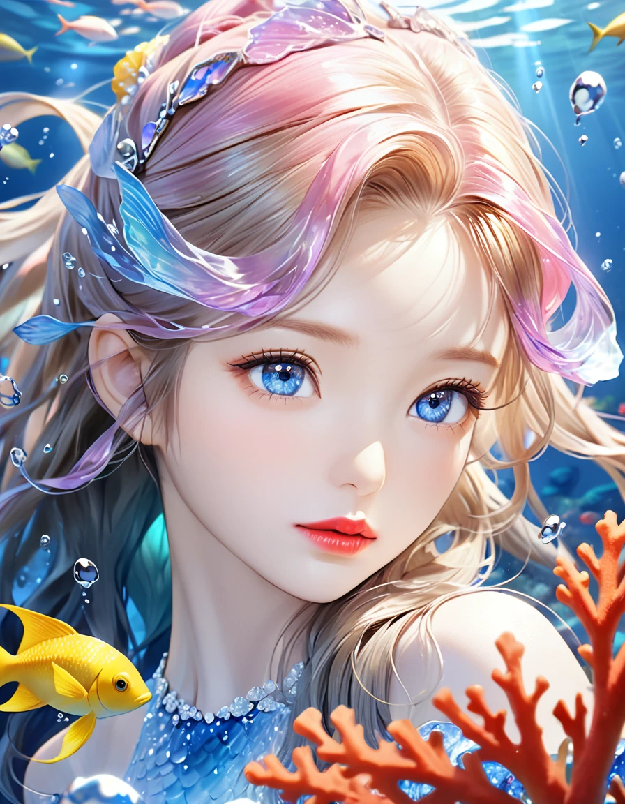 Photorealism 1:1 , extreme realistic, (best quality,4k,8k,highres,masterpiece:1.2),ultra-detailed,(realistic,photorealistic,photo-realistic:1.37) face andbody facing front ,beauty mermaid princess, detailed face, beautiful sapphire blue eyes, long eyelashes, delicate red lips, elegant shining yellow long hairstyle, shimmering scales, high detail flowing underwater hair, high detail sea creature as background, fantasy underwater scene, coral rocks, , vibrant colors, dramatic lighting, soft focus, ethereal atmosphere,8k, 1040x2400pixels