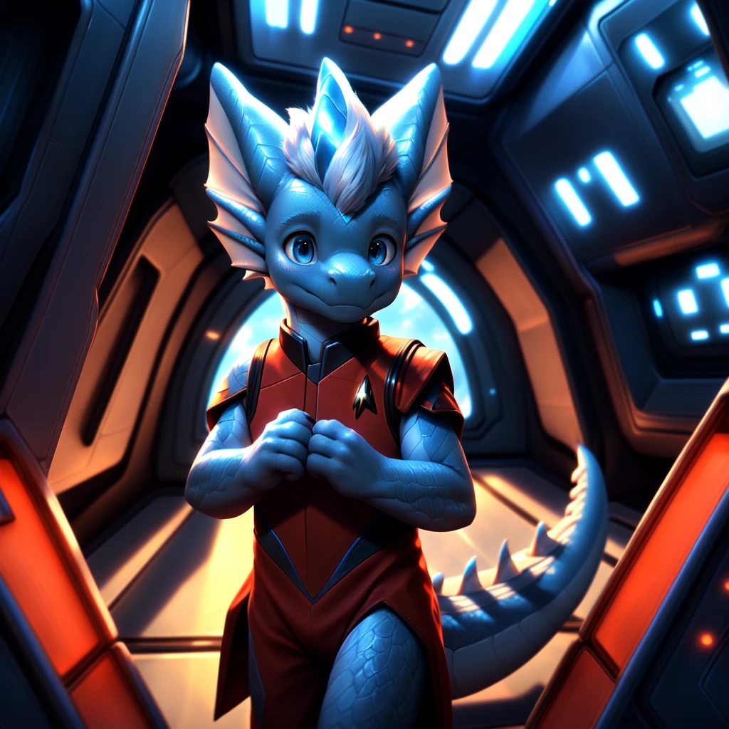 ( detailed face,  detailed background ,  detailed body ), (realistic,photorealistic,photo-realistic:1.37) Ein cuteer kleiner Drache Junge mit leuchtenden Flügel, very young, cute, Light blue scales ,  white hair, in a Star Trek spaceship, he is wearing a red uniform,