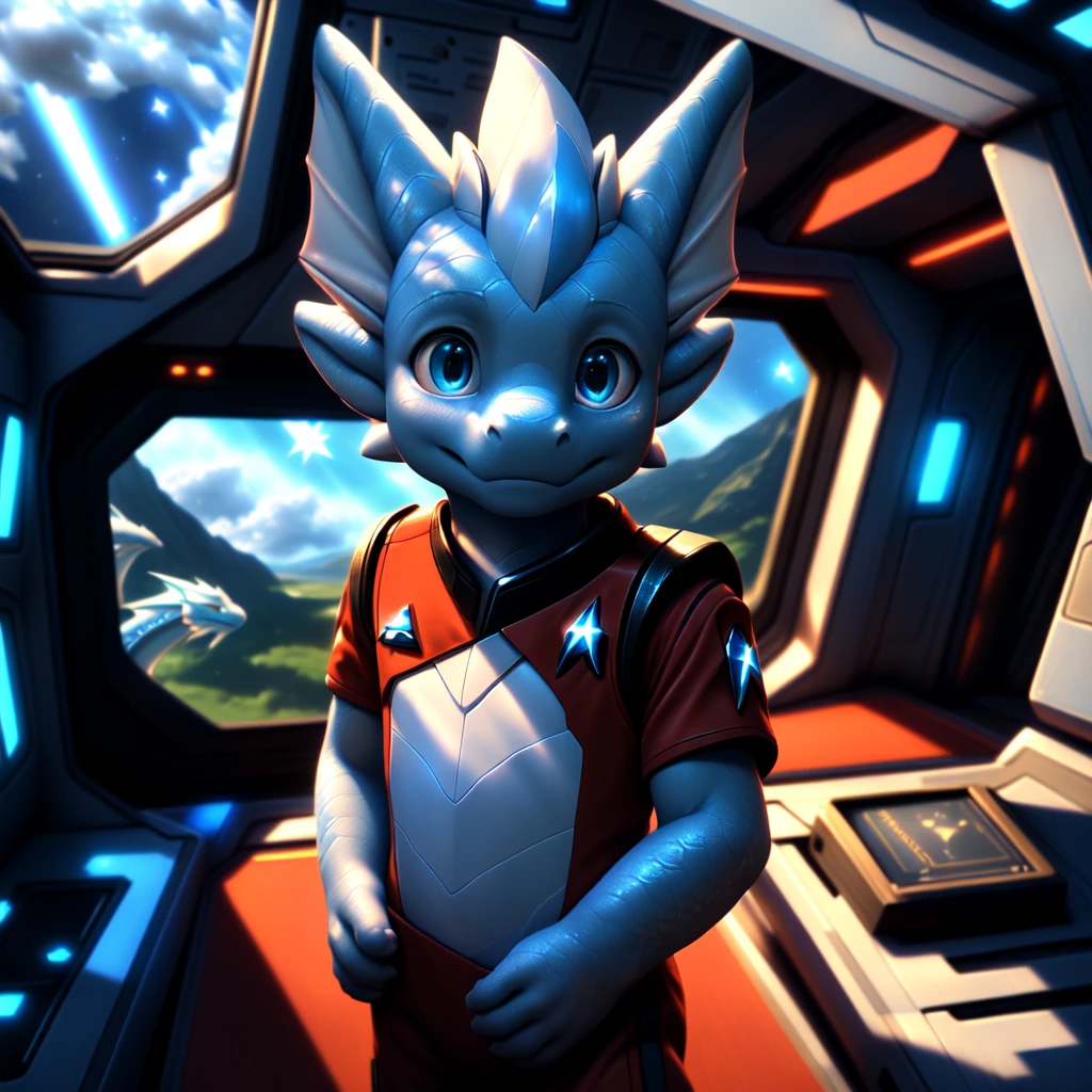 ( detailed face,  detailed background ,  detailed body ), (realistic,photorealistic,photo-realistic:1.37) Ein cuteer kleiner Drache Junge mit leuchtenden Flügel, very young, cute, Light blue scales ,  white hair, in a Star Trek spaceship, he is wearing a red uniform,