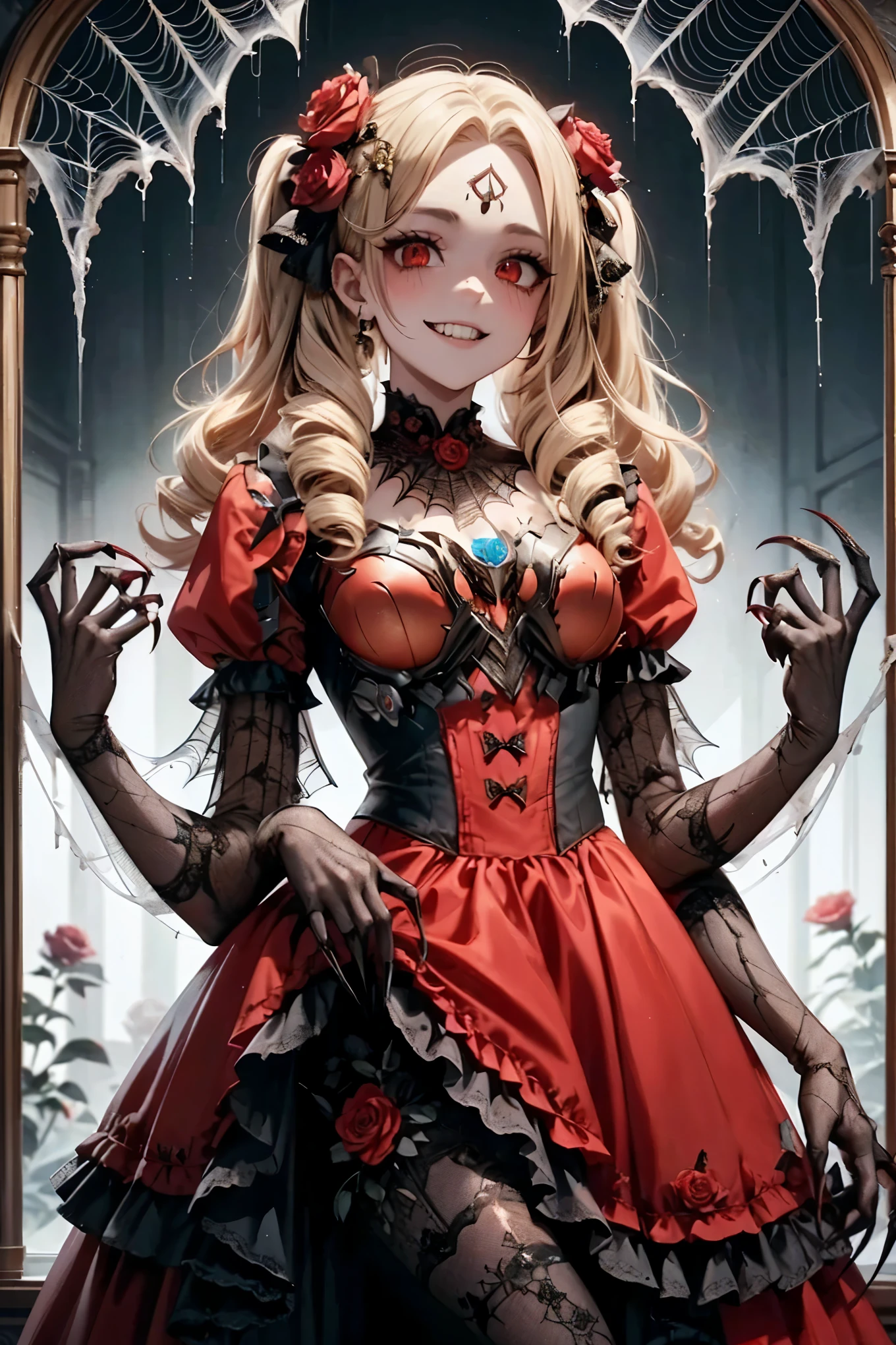 Spider girl. Lady. Twin drill hair. Blonde hair. Red eyes. Horror eyes. Black and red dress. Frills. Dark fantasy. Multiple arms. Sharp claws. Bio-armor chest. Spider web dress. Insect legs. Spider-themed hair accessory. Spider web patterned tights. Lace gloves. Spider eyes on forehead. Scornful expression. Rose flower.