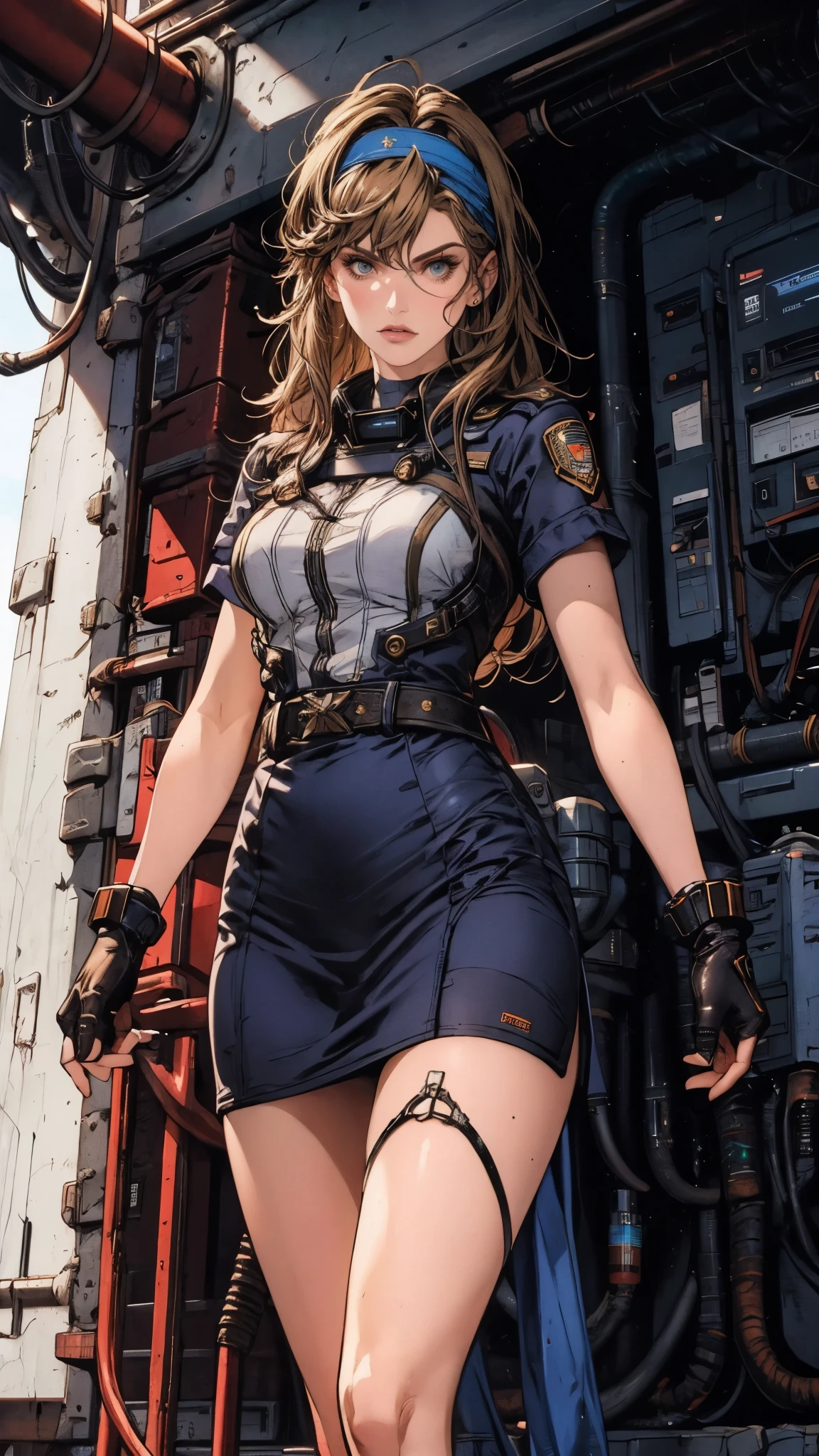 (masterpiece:1.2, best quality:1.2, extremely delicate:1.2), ((Alexandra Daddario:1.2)), a girl with short light golden hair, a metal headband on her forehead, icy gaze, detached expression, smooth and exquisite facial appearance, perfect body, perfect skin, porcelain skin, pale skin, sci-fi military uniform, short sleeves, gloves, short skirt integrated with the outfit, dark fitted pants, knee-high military boots, the color scheme is primarily Blue with White and Yellow accents, surrounded by AR virtual interfaces, standing in a futuristic sci-fi-styled room, this character embodies a finely crafted futuristic sci-fi female officer in anime style, exquisite and mature art style, exquisite photography, Photo realism, photorealistic, even and soft lighting on face, dramatic, high definition, highres, ultra-detailed, ultra-fine painting, professional, perfect body proportions, anatomically correct, symmetrical face, extremely detailed eyes and face, high quality eyes, creativity, RAW photo, UHD, 32k, portrait lighting, Natural light, cinematic lighting, (masterpiece-anatomy-perfect:1.2)