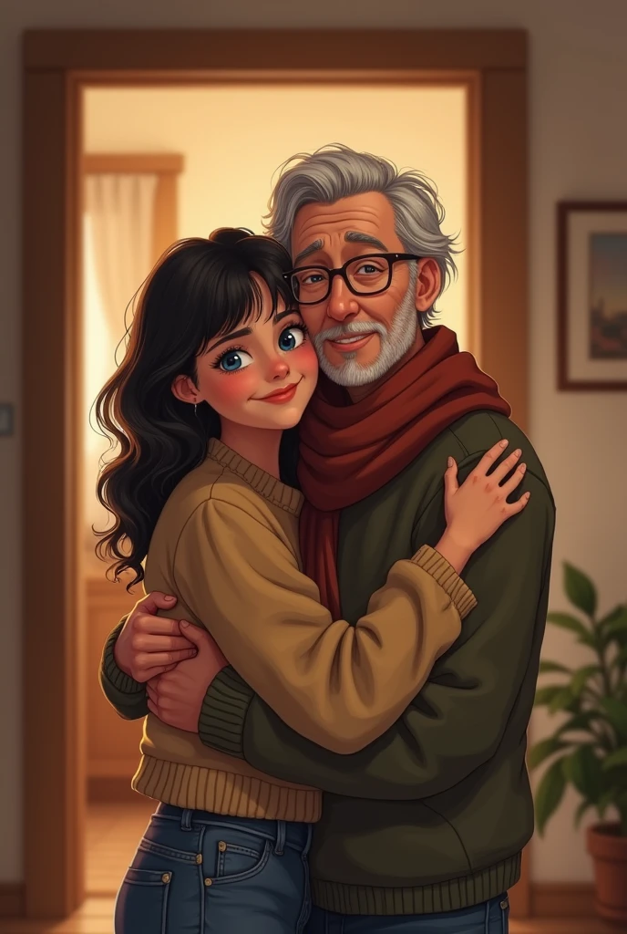 old man and young girl, old couple young girl sitting on couch, cuddling, intimate moment, livingroom, very detailed, ultra realistic, hdr, 8k, high resolution, high quality, 35mm, Canon 5D, romantic athmosphere, dim light creating a calm and safe surrounding, detailed skin, visible pores, realistic skin,
BREAK
one old man, Italian, age 85, wise and experienced facial expression, beard, sweet-tempered smile, wearing pijamas, detailed eyes, detailed face,
BREAK
one young girl , German, age 20, detailed eyes, detailed face, wearing cozy knitted sweater, beautiful smile,