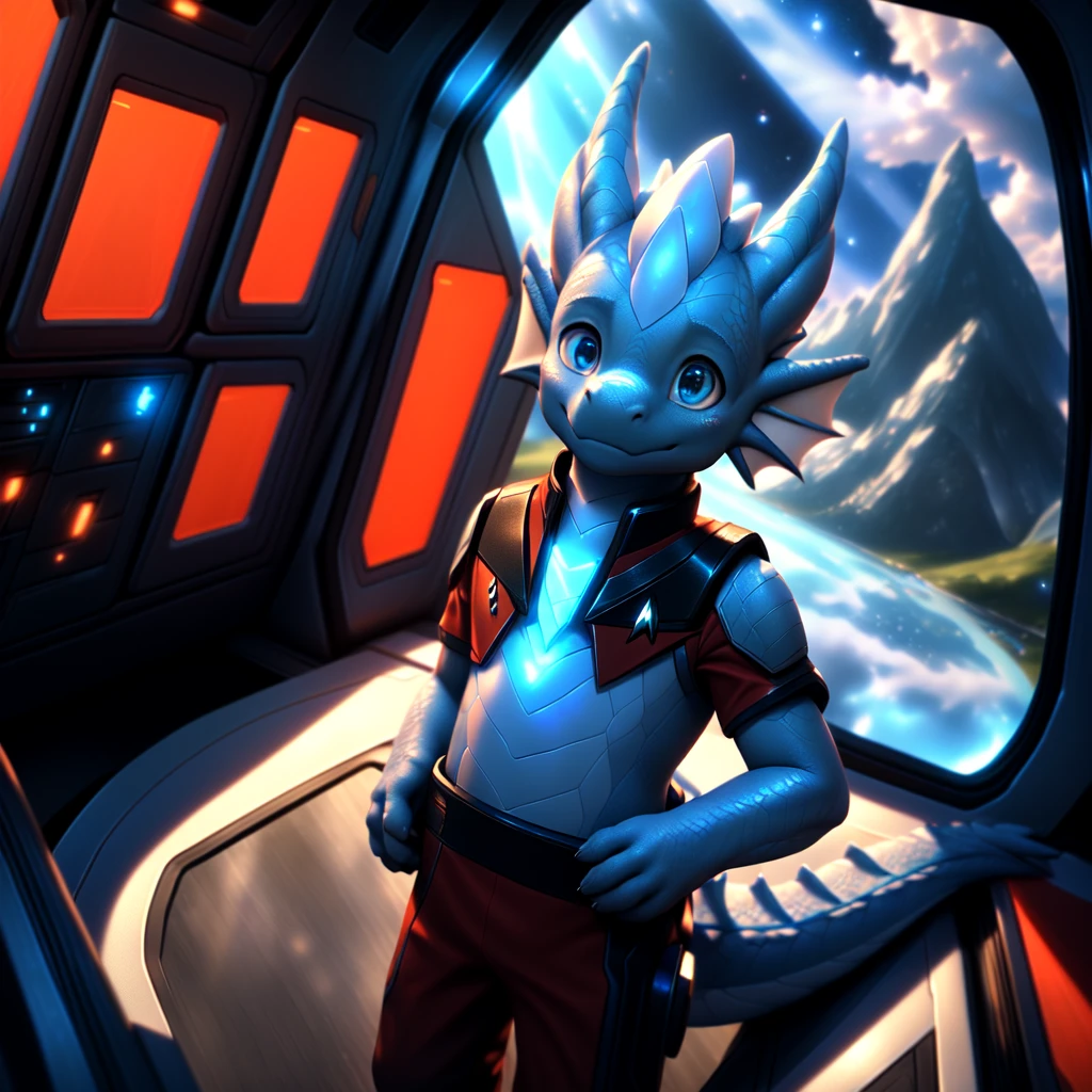 ( detailed face,  detailed background ,  detailed body ), (realistic,photorealistic,photo-realistic:1.37) Ein cuteer kleiner Drache Junge mit leuchtenden Flügel, very young, cute, Light blue scales ,  white hair, in a Star Trek spaceship, he is wearing a red uniform,