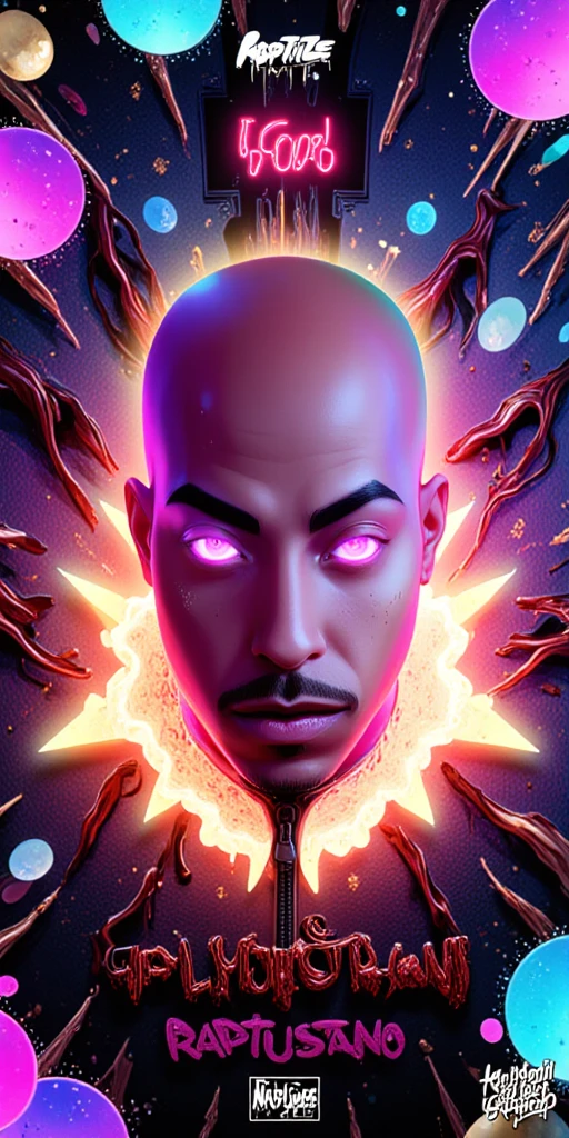 3D animated Character Nztykle exquisite digital illustration
fantasy , Strong beams of Lazers random Film SPecial FX Eye Contact lenses::6.8  energy Shooting From Eyes with energy Particles ::6 The man is Muscular Wearing Streetwear, the man has super close shaven skin Bald Head::5.1 , dreamscape portraiture, eye-catching detail, A 3D render of an anime-style bald-headed character with brown skin and glowing special effect eyes in a random color. The character is set against an Vibrant Pastel The character exudes a mysterious aura. The background contains provocative text phrases like "Raptile," "Talijuano," and shocking confessions. The words "NA LISTEN" are prominently displayed in large, bold letters at the bottom, with a random and creative color scheme that is 3 contrasting colors that are interesting . The scene is further enhanced with mature elements such as 18+ icons, , and a smirking emoji, adding a controversial and mature touch to the theme. highly detailed illustrations, in the style of 8k resolution, in the style of realistic detail, juxtaposition of hard and soft lines, 3D animated Character Nztykle powerful warlock in streetwear NIke x Takashi Murakami x Raf Simmons x Yeezy x Pharrell Williams x Kaws, avatar animated style, 3d, 8k, in the style of Jed-clrfl