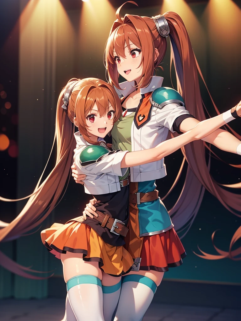 (masutepiece, Best Quality, hight resolution, nffsw, Perfect Pixel, depth of fields, 4K), Beautiful anime girl, Perfect body ,,,scEstelle, cropped jacket, green shoulder pad, tan shirt, orange skirt, belt, white thighhighs, (dance:1.4)