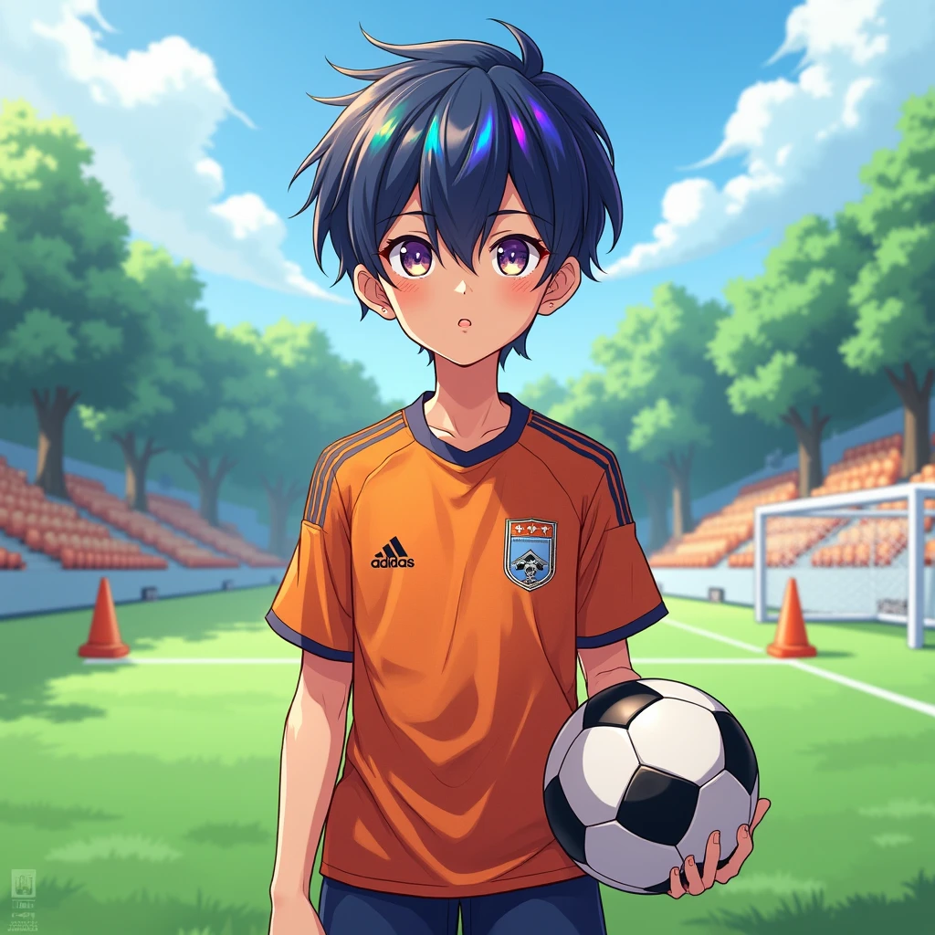 anime boy, teen, soccer uniform, diamante,  multicolored hair ,  Multicolored eyes , soccer camp, alone