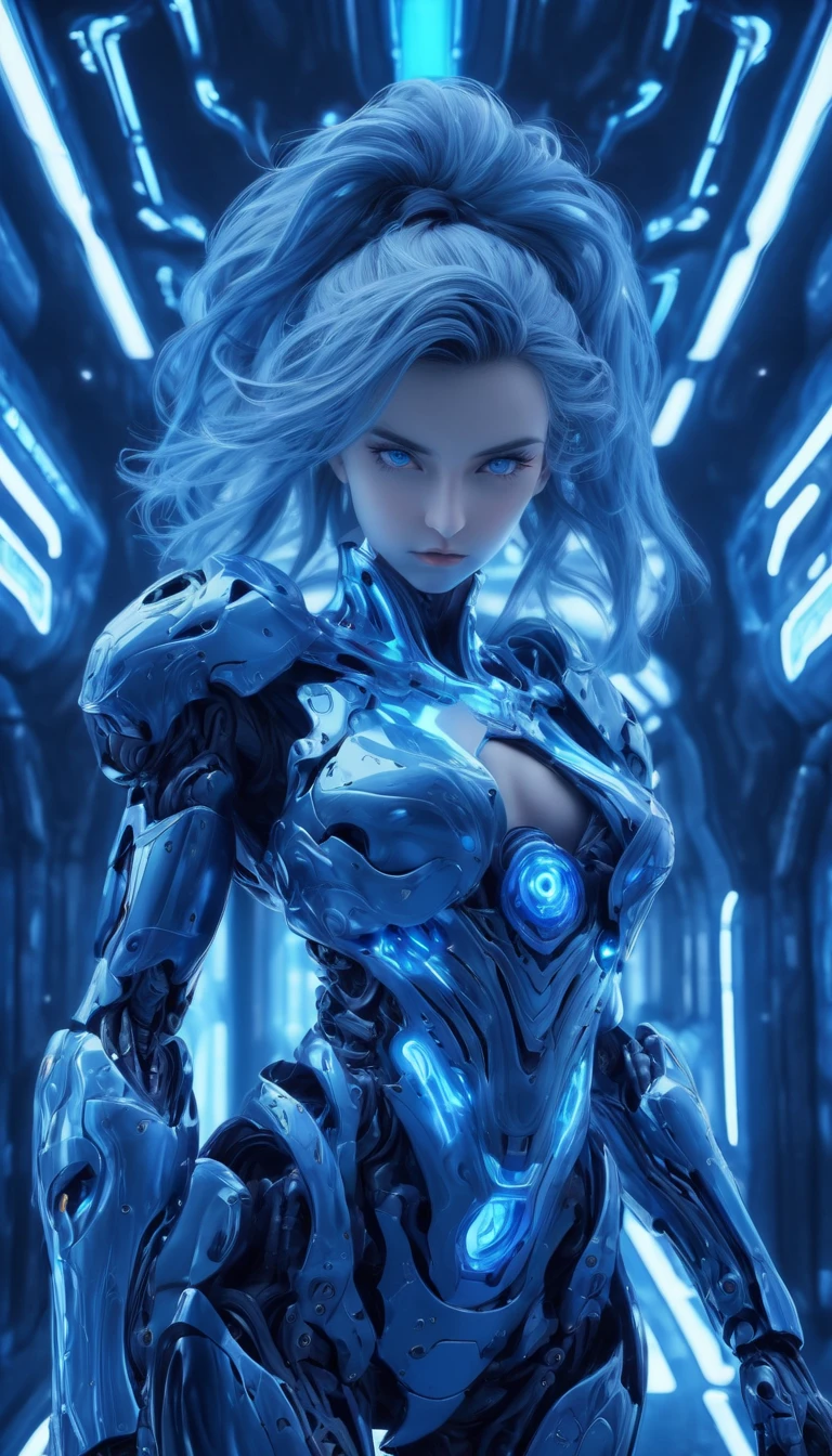 masterpiece, best quality, realistic, 8k, absurdes, intricate, maximum resolution, hyper detailed, extreme detail, (dynamic angle:1.5), a (pale female robot with white cybernetic body parts, glowing eyes, sexy look in her face, blue hair), perfect face, highly detailed face, perfect tits, perfect nipples, athletic body, thick thighs, thigh gap, perfect ass, (sexy action pose:2), (((sexy action pose showing off her cybernetic body parts:1.5))), in a dark cyberpunk city at night, photo realistic, sharp focus, intricate details, great lighting, dark, chiaroscuro, low-key, action shot, dissolve, ral-dissolve,