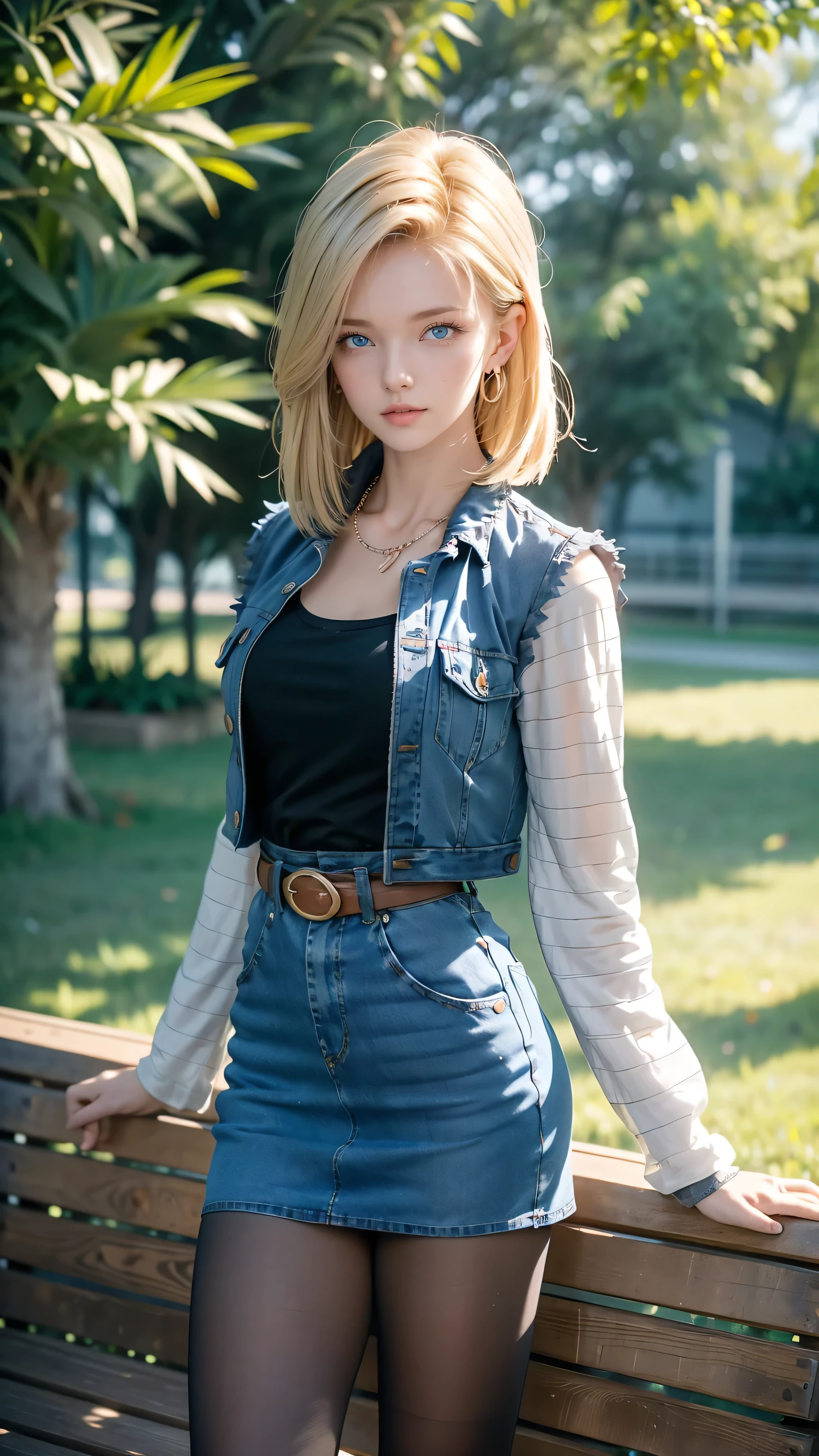 Android 18, Light Blonde hair, Medium hair shaggy cut for women, Blue Transparent eyes of Slavic Caucasians, She has sexy double eyelids above and below her eyes, The flash in the eyeballs is brilliant, She is not wearing any jewelry such as a necklace around her neck, open-chested Black -shirt, Not wearing a bra, She only Wears round earrings, Tight Long sleeves with black stripes on a white background, Blue denim mini vest, Blue denim mini skirt, The denim mini skirt and denim mini vest set in the same blue color, The mini denim vest does not have a zipper, but the mini denim skirt does, and the denim vest has five silver buttons to fasten the garment, The denim skirt's zipper seam line and stitching run vertically straight to the bottom of the skirt, and the denim vest has no zipper, so it's clean, Open-chested denim vest, Large breasts, Women's Western Cowboy Belt, Brown see-through pantyhose, Western short boots, Looking at viewer, Her whole body is visible on the screen, She is standing in front of the bench Her entire body is visible on the screen, from her head to her boots, Slight smiling with closed lips standing next to bench , Blue sky, outside, park, grass, Summer, trees, blue sky, high quality, masterpiece,