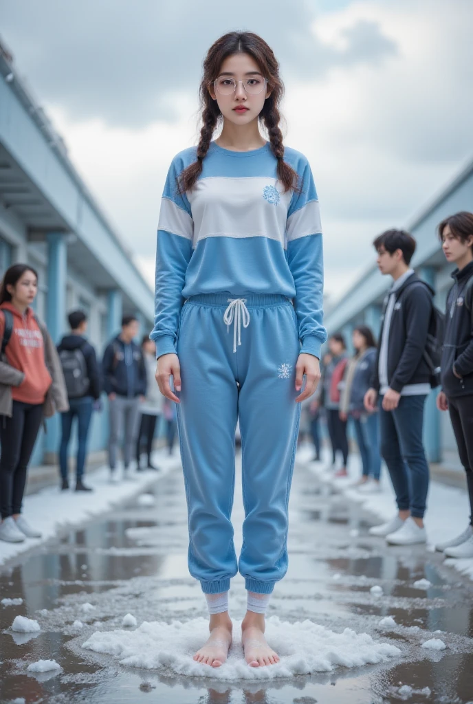 ,, score_9, score_8_up,score_7_up,, 1girl,solo,black hair,baggy blue and white track suit,baggy blue and white track pants,glasses,black hair,low twin braids, ,desk,sitting on desk,foot up,barefoot,soles,foot focus,from below,anklet,bare legs,chalkboard,