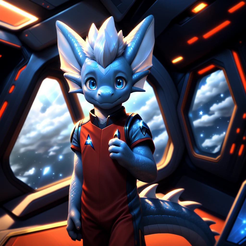 ( detailed face,  detailed background ,  detailed body ), (realistic,photorealistic,photo-realistic:1.37) Ein cuteer kleiner Drache Junge mit leuchtenden Flügel, very young, cute, Light blue scales ,  white hair, in a Star Trek spaceship, he is wearing a red uniform,