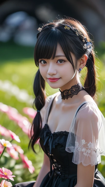 ((Tabletop:1.4, highest quality)), (Realistic photos:1.4),
((1 girl)), (Pure actress), (dream-like),
(超High resolution:1.2), Very delicate and beautiful, wonderful, very detailed Cg Unity 8K wallpaper, Very detailed, High resolution,
Soft Light, Beautiful detailed girl, Very detailedな目と顔, Beautiful and detailed nose, Beautiful and detailed,
(Wearing a goth dress:1.3), (Twin tails),
Cinema Lighting, Perfect Anatomy, Slender body, (Parted bangs),
(Flower garden blooming in a cave:1.3), (Flowers blooming in the dark々々the brilliance of:1.5), (Light and dark emphasis), (Wonderful beauty),
Cowboy Shot, Looking at the audience, (smile)