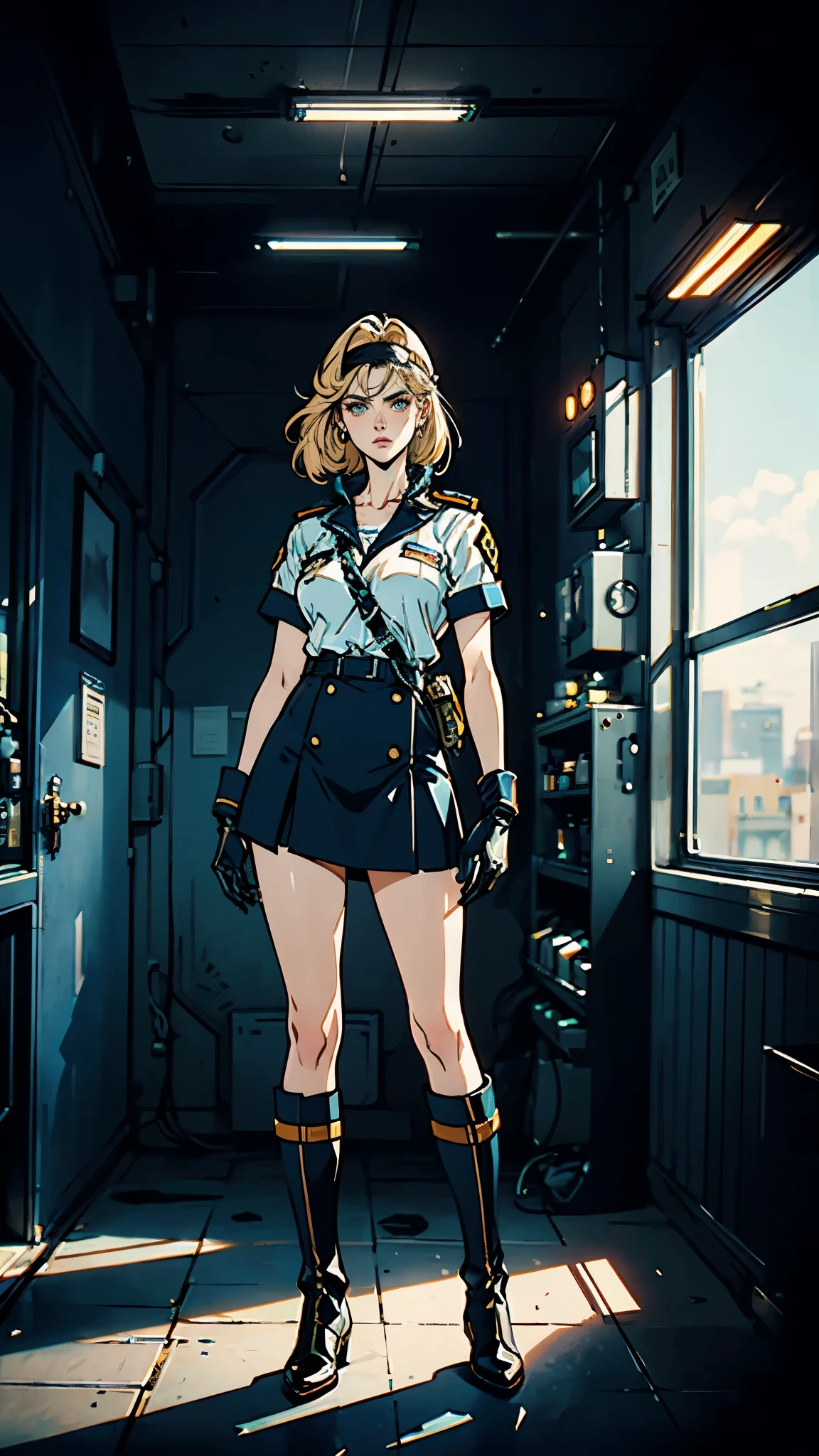 (masterpiece:1.2, best quality:1.2, extremely delicate:1.2), ((Alexandra Daddario:1.2)), a girl with short light golden hair, a metal headband on her forehead, icy gaze, detached expression, smooth and exquisite facial appearance, perfect body, perfect skin, porcelain skin, pale skin, sci-fi military uniform, short sleeves, gloves, short skirt integrated with the outfit, dark fitted pants, knee-high military boots, the color scheme is primarily Blue with White and Yellow accents, surrounded by AR virtual interfaces, standing in a futuristic sci-fi-styled room, this character embodies a finely crafted futuristic sci-fi female officer in anime style, exquisite and mature art style, exquisite photography, Photo realism, photorealistic, even and soft lighting on face, dramatic, high definition, highres, ultra-detailed, ultra-fine painting, professional, perfect body proportions, anatomically correct, symmetrical face, extremely detailed eyes and face, high quality eyes, creativity, RAW photo, UHD, 32k, portrait lighting, Natural light, cinematic lighting, (masterpiece-anatomy-perfect:1.2)