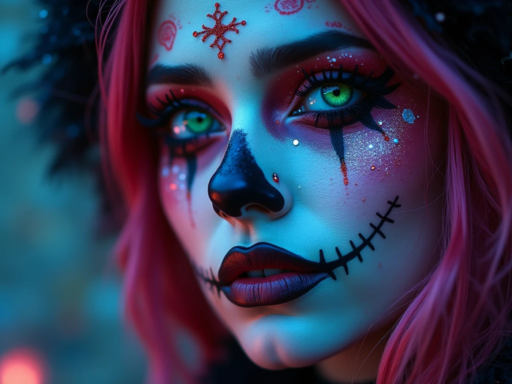 Halloween, magical beauty, neon, photorealistic, beautiful woman, macro photography, high quality, 4k, fairy, face tattoo, snow, beautiful neon particles, photorealistic, girl, in tattoo, incredibly beautiful, full-length, beautiful forms, improved quality, photorealistic, detailed facial features, makeup, hyper-detailed face, expressive eyes, conscious gaze, Cute green eyes, and there is a tear in the eyes, professional photo, 4k, high resolution, high detail, 30mm lens, 1/250s, f/2.8, ISO 100