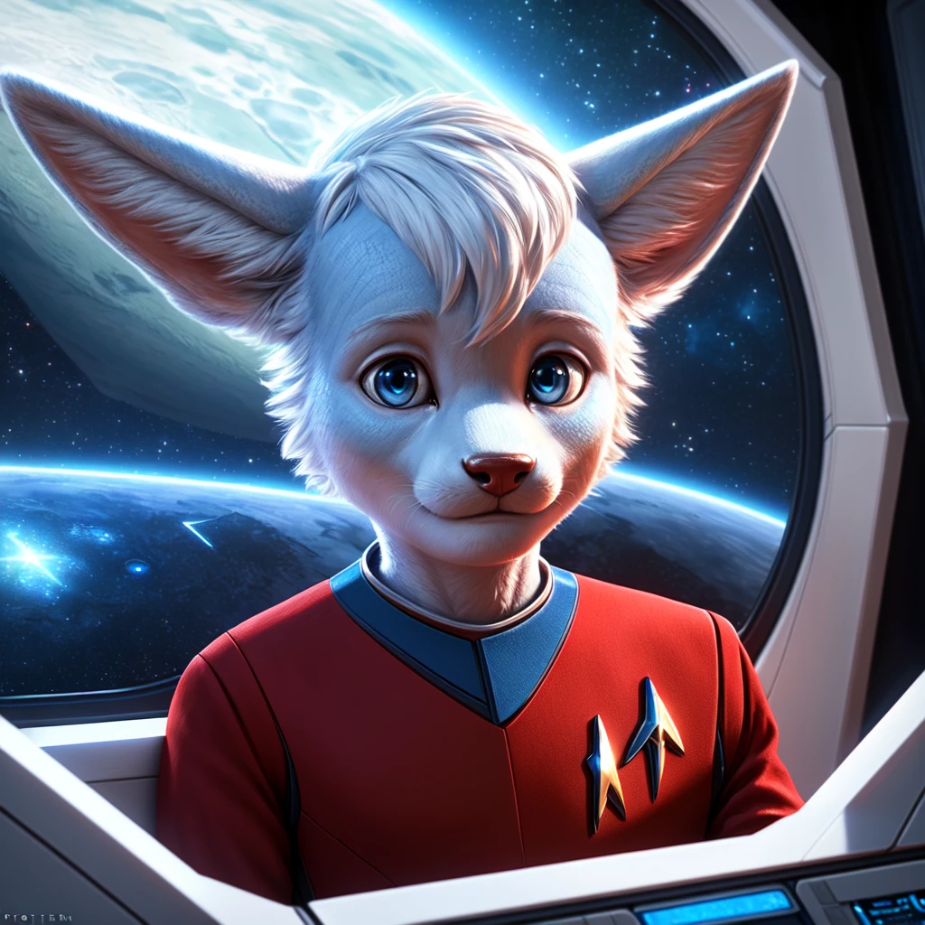 ( detailed face,  detailed background ,  detailed body ), (realistic,photorealistic,photo-realistic:1.37) Ein cuteer *************, cute, Light blue scales ,  white hair, in a Star Trek spaceship, he is wearing a red uniform,