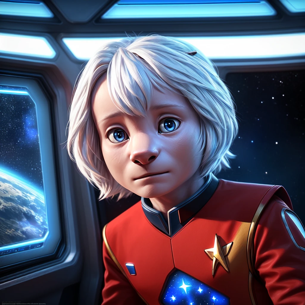 ( detailed face,  detailed background ,  detailed body ), (realistic,photorealistic,photo-realistic:1.37) Ein cuteer kleiner Junge, cute, light blue skin,  white hair, in a Star Trek spaceship, he is wearing a red uniform,