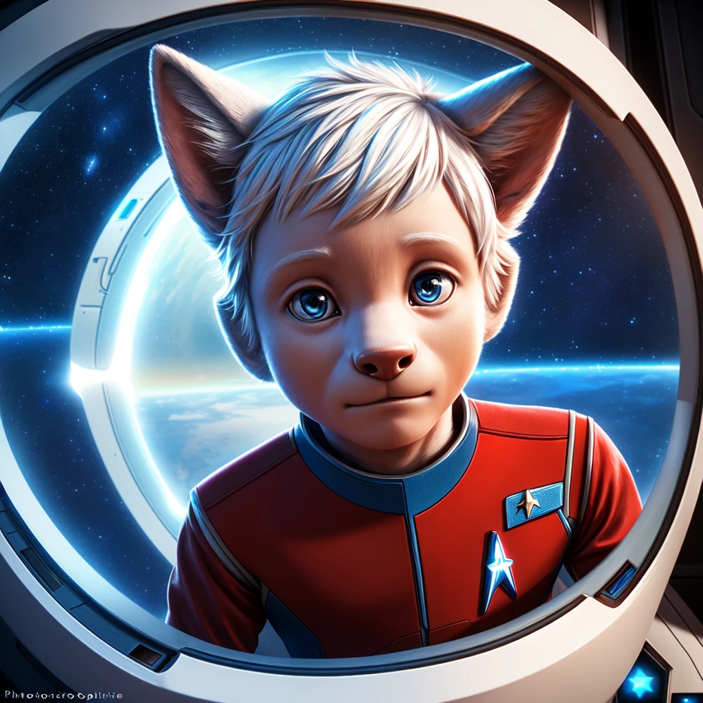 ( detailed face,  detailed background ,  detailed body ), (realistic,photorealistic,photo-realistic:1.37) Ein cuteer *************, cute, light blue skin,  white hair, in a Star Trek spaceship, he is wearing a red uniform,