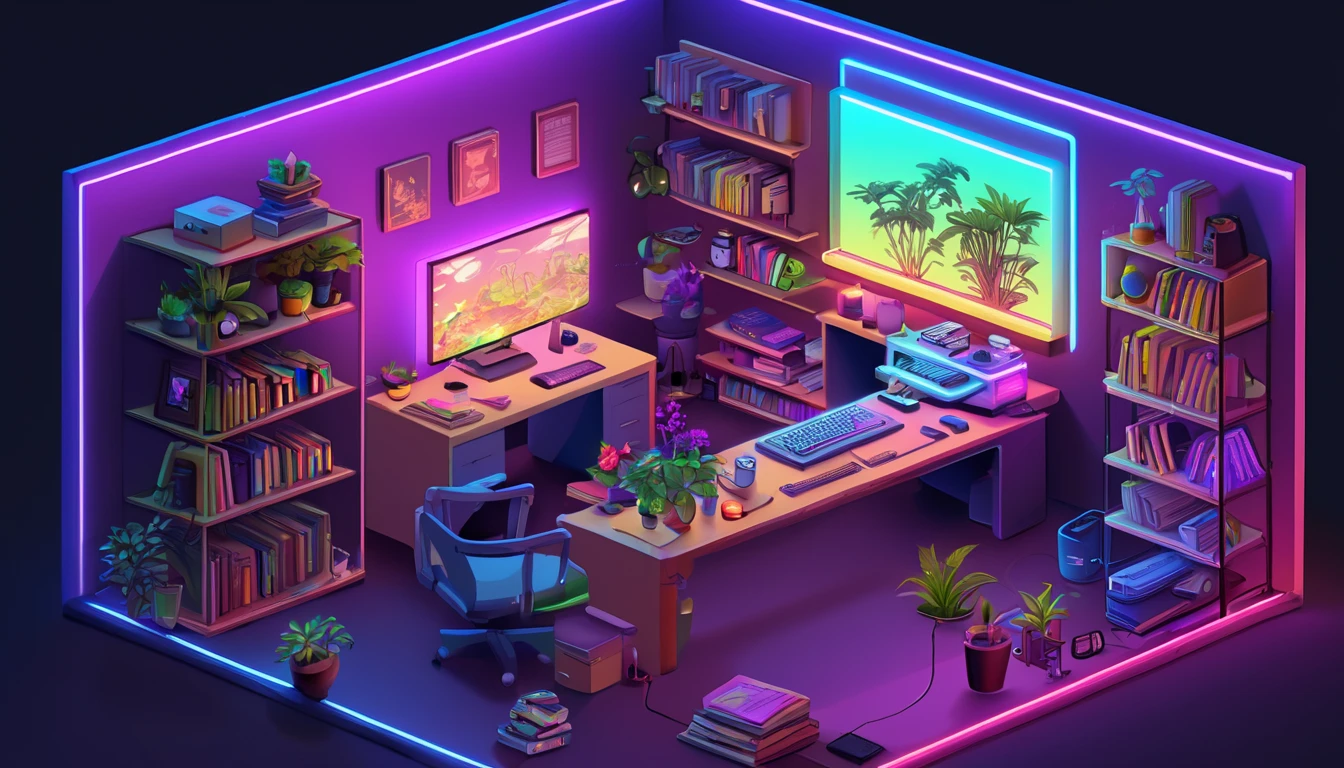 ((masterpiece,  best quality)),  high definition ,  very detailed,  Realistic, break, isometric neon, indoor,  gradation, Books,  gradation background,  not humans , chair, plant, box, scenery, machine, lamp,  controller,　 headphones , cable,  computer , tv set, Monitor,  keyboard ( computer ), flower pot, mouse ( computer ), screen,  platform ,  Cup Ramen,　