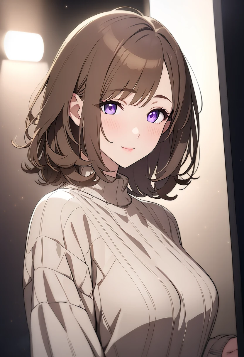 female, looking at viewer, (center part, medium hair, brown hair:1.3), purple eyes, (tareme:1.3), tall, glamorous, sweater, 30-year-old, 8k, best quality, masterpiece, clear, professional lighting, beautiful face, best quality, ultra high res, super detail, accurate, high details, highres,