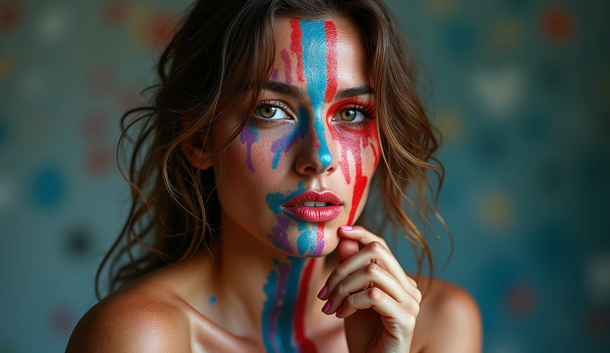 photo, realistic, detailed, full body,
woman with vibrant powder face blue red yelow
powder shape like heart