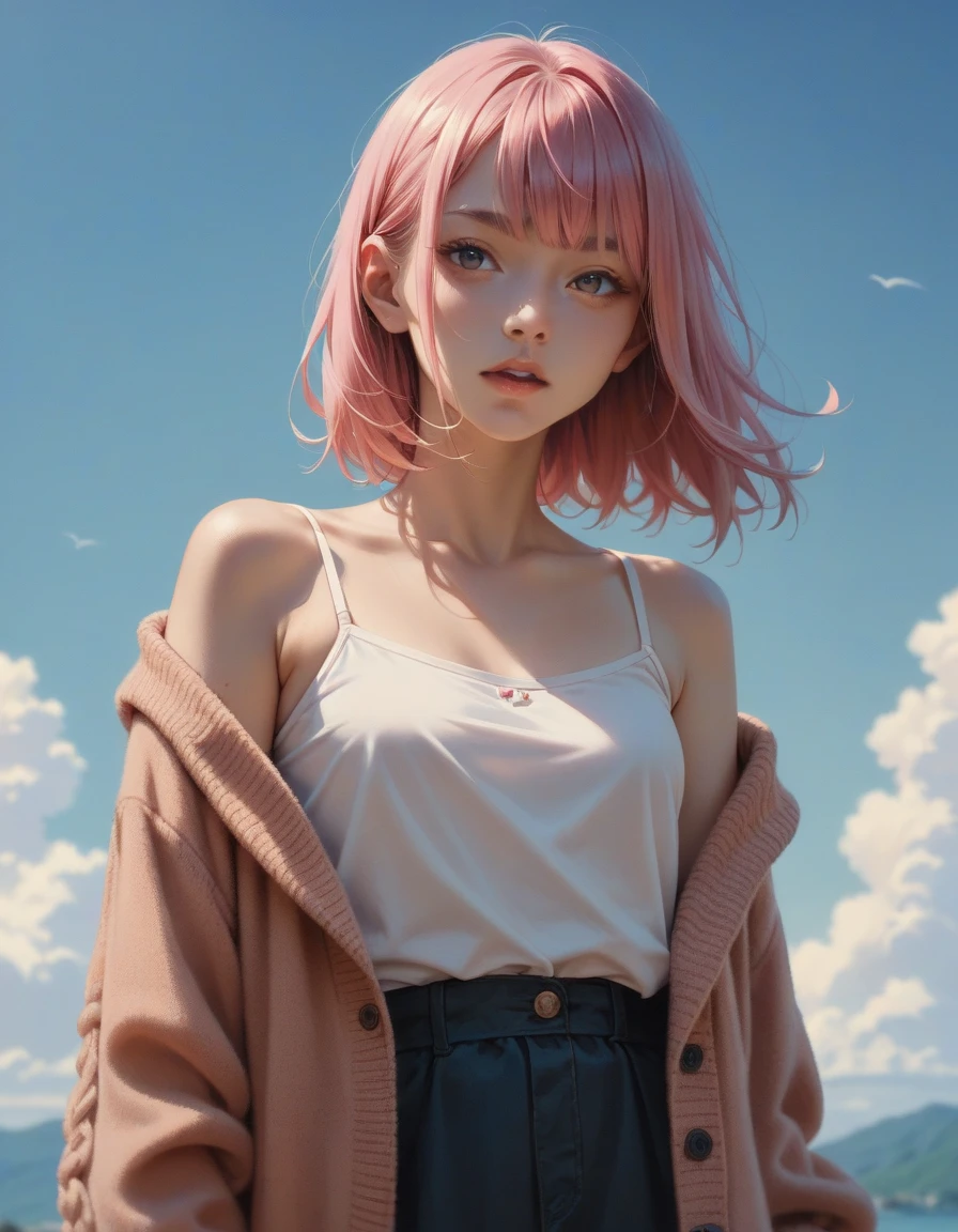 A Japanese woman. Pink hair with bangs. Cardigan and camisole. Blue sky