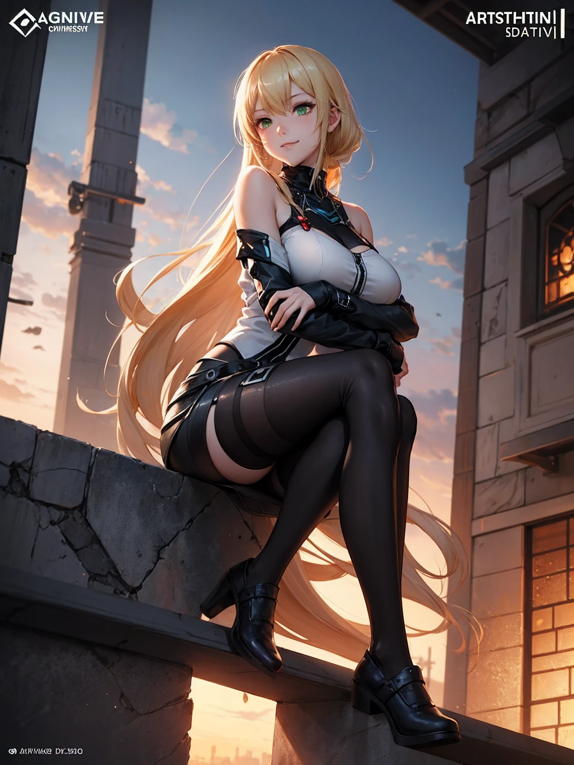 Age 30 years woman, Long blonde hair with pin doll, covering one eye by blindfold, wearing a battlesuits With 3 colors black white red, red eyes, sitting on a green meadow, view of the high tower, sad, high heels, best quality, masterpiece, HD