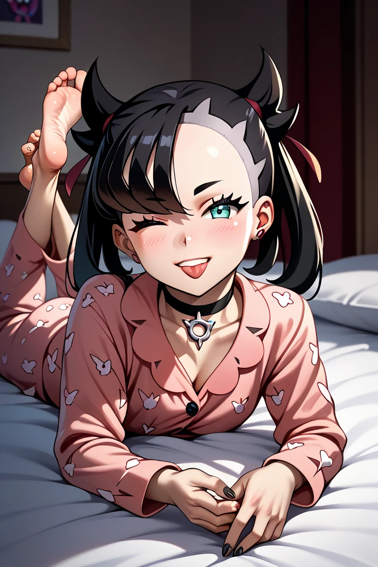 source_anime,highres, collarbone, black_choker, absurdres,  tongue, eyelashes,  nail_polish, clenched_hand, teeth, black_nails, red_ribbon, upper_body, marnie_\(pokemon\), prone, on stomach, lying, the pose, pajamas, feet, soles, barefoot, barefoot, feet, perfect feet, small feet, solo, 1girl, oiled soles, indoors, on bed, smile, wink, side view,
