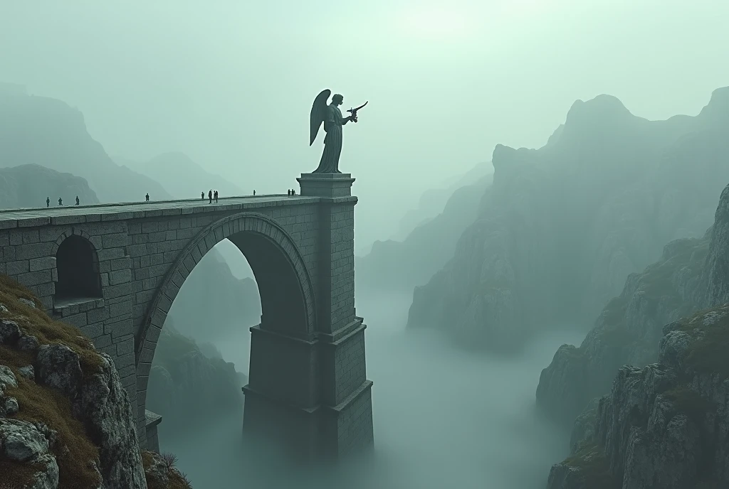 ((masterpiece, highest quality, Highest image quality, High resolution, photorealistic, Raw photo, Extremely detailed CG unified 8k wallpaper)), An ancient bridge in the mist. A large stone bridge built in ancient Greece. Atop a huge stone pillar, a statue of an angel holding a horn watches over travelers, a view from above,