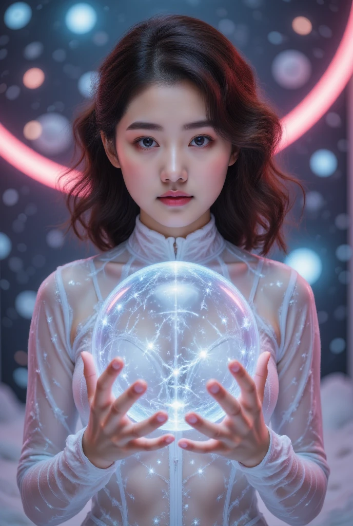  A girl holding a planet in her arms，close up，Shining fluorescent feeling，transparency，Dream， Monet's color scheme ， textured matte， high quality ，HD，Rose Red， blue， neon lights ， space background 