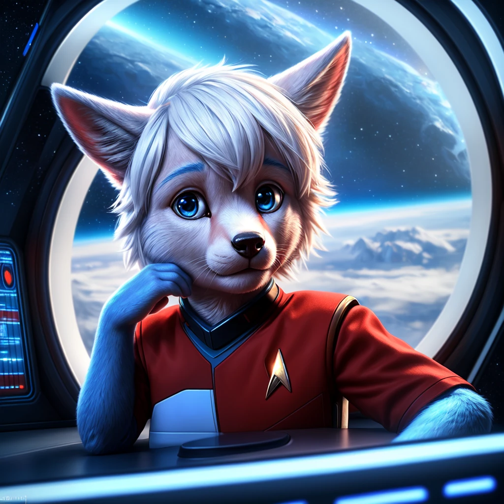 ( detailed face,  detailed background ,  detailed body ), (realistic,photorealistic,photo-realistic:1.37) Ein cuteer *************, cute, blue fur,  white hair, in a Star Trek spaceship, he is wearing a red uniform,