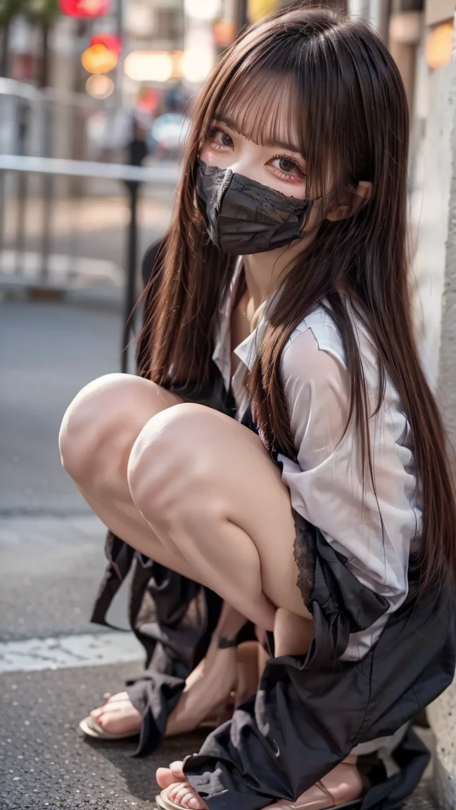 ( crouching with her legs closed  ), 視聴者の向かいにしゃがんでいる女性,  black hair straight,  semi-long, Big eyes, Big eyes,  beautiful double eyelids ,  big teardrop bag , Wearing white hot pants , (  transparent black lace shirt 1 .3 ).  wearing a black jacket ,  exposed leg ,  beautiful feet,  white skin, Height: 172cm, Eyes staring at a smartphone screen , 20 years old,, A dark back alley in the middle of the night , ( Wearing a white medical mask 1 .3 ), Purple Nails, , Woman crouching across from viewers wearing stilettos with open toes ,  purple pedicured toes , Cute bangs made , (  eyes staring at viewers  ),