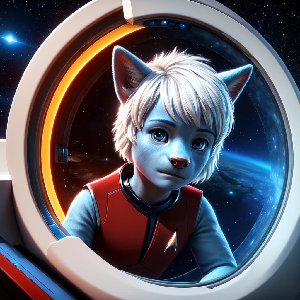 ( detailed face,  detailed background ,  detailed body ), (realistic,photorealistic,photo-realistic:1.37) Ein cuteer *************, cute, blue skin,  white hair, in a Star Trek spaceship, he is wearing a red uniform,