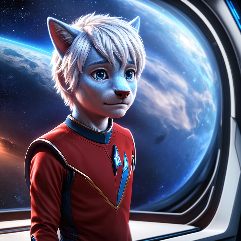 ( detailed face,  detailed background ,  detailed body ), (realistic,photorealistic,photo-realistic:1.37) Ein cuteer *************, cute, blue skin,  white hair, in a Star Trek spaceship, he is wearing a red uniform,