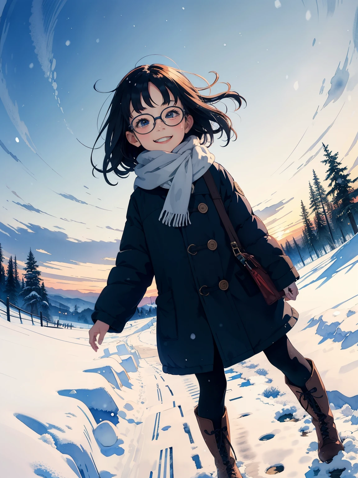 masterpiece，   best quality， High image quality ，(   super flat   ,     Flat Shading    )，  Fisheye Lens   ，Beautiful petite trained young mother and 、 very cute little trained daughter:1.25，    warm scarf，(naked)，Long Hair，Glasses，  boots，smile, smile，White Breath，fun, play, winter, snow, 新snow，dusk， beautiful sunset ，Wide angle,    bright color , watercolor, Ghibli style，Strong winds，   girl&#39;Lure，