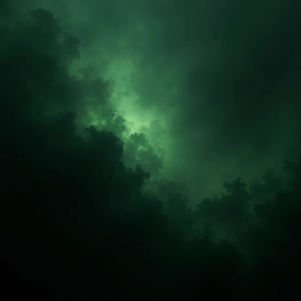 Generate a black image with dark and light nebulized green tones in which black predominates