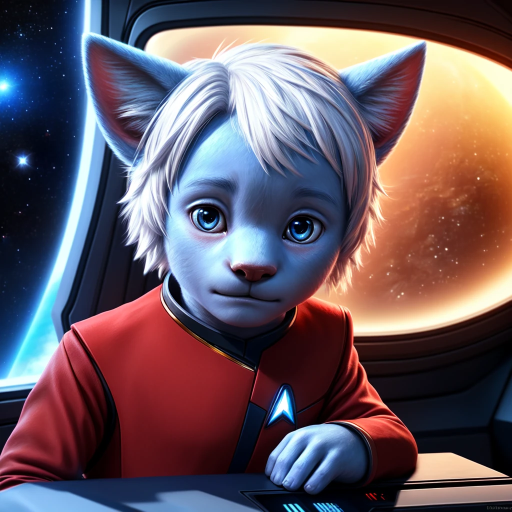 ( detailed face,  detailed background ,  detailed body ), (realistic,photorealistic,photo-realistic:1.37) 
Ein cutees kleines Kind, cute, blue skin,  white hair, in a Star Trek spaceship, he is wearing a red uniform,