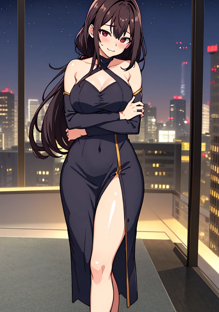 Outfit: ((Shiny one-piece dress with slits)). Location: (Rooftop with beautiful night view). Standing. ((Pinching chest with both arms)).Soft and large chest.Wrinkles due to the chest part of the outfit.(blushing).(Image:3k Pixels).Draw with beautiful lines.(person one).(one-right arm),(one-left arm),(one-right leg),(one-left leg),((Perfectly balanced Five fingertips)).