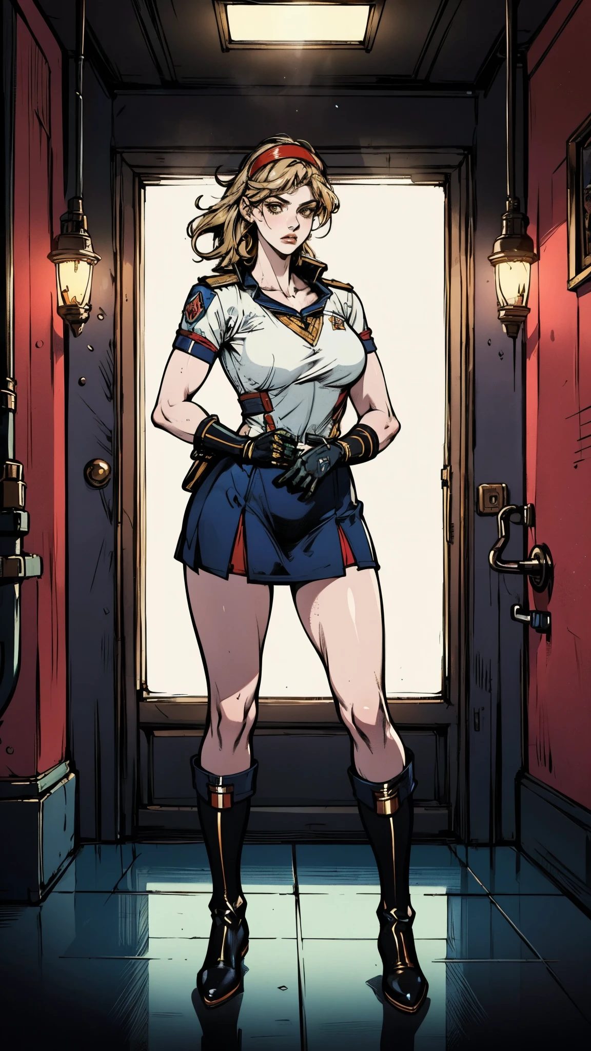 a 1950s female super-hero, large breasts, short skirt, narrow waist, wearing tights and a cape, knee-boots, 1950s comic style, popping colors, contrast,1950s era atmosphere, vibrant colors, hyper-realistic, 8k, ultra-detailed