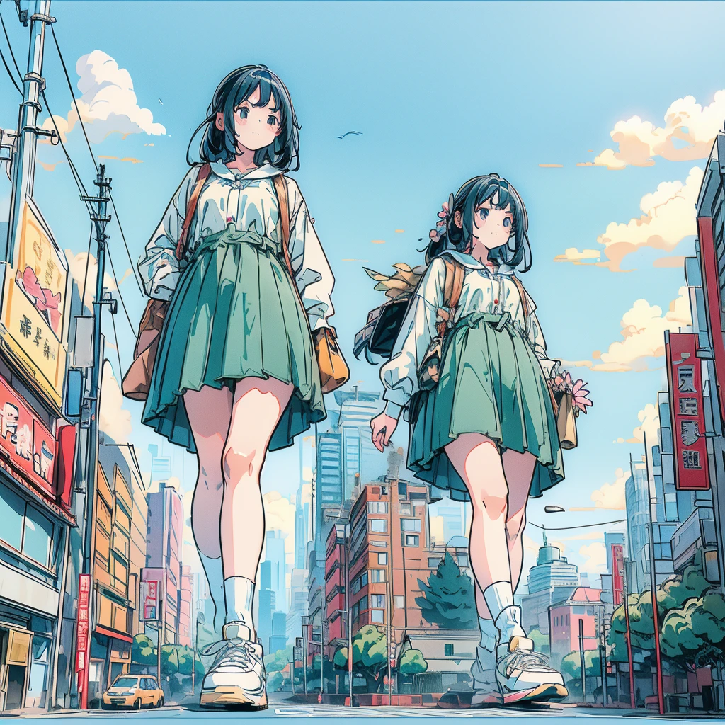 Giantess　Giant Girl　Female Giant　　((Giant Girlが住宅街の道路の上を歩いている))　bag　 high socks　 sneakers　clock　Smartphone　rural residential area 　street tree　car　crowd　retro landscape　Dirt road　Vending machines　blue sky　sunlight　Solar　summer　